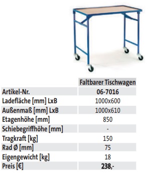 Faltbarer Tischwagen - techn. Daten